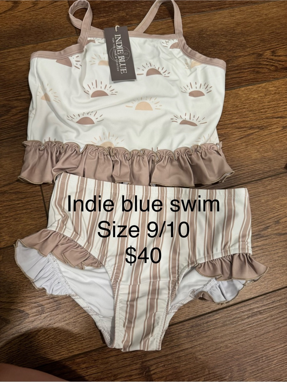 Indie Blue Girls' Two-Piece Swim Set in Taupe & White - Size 9/10